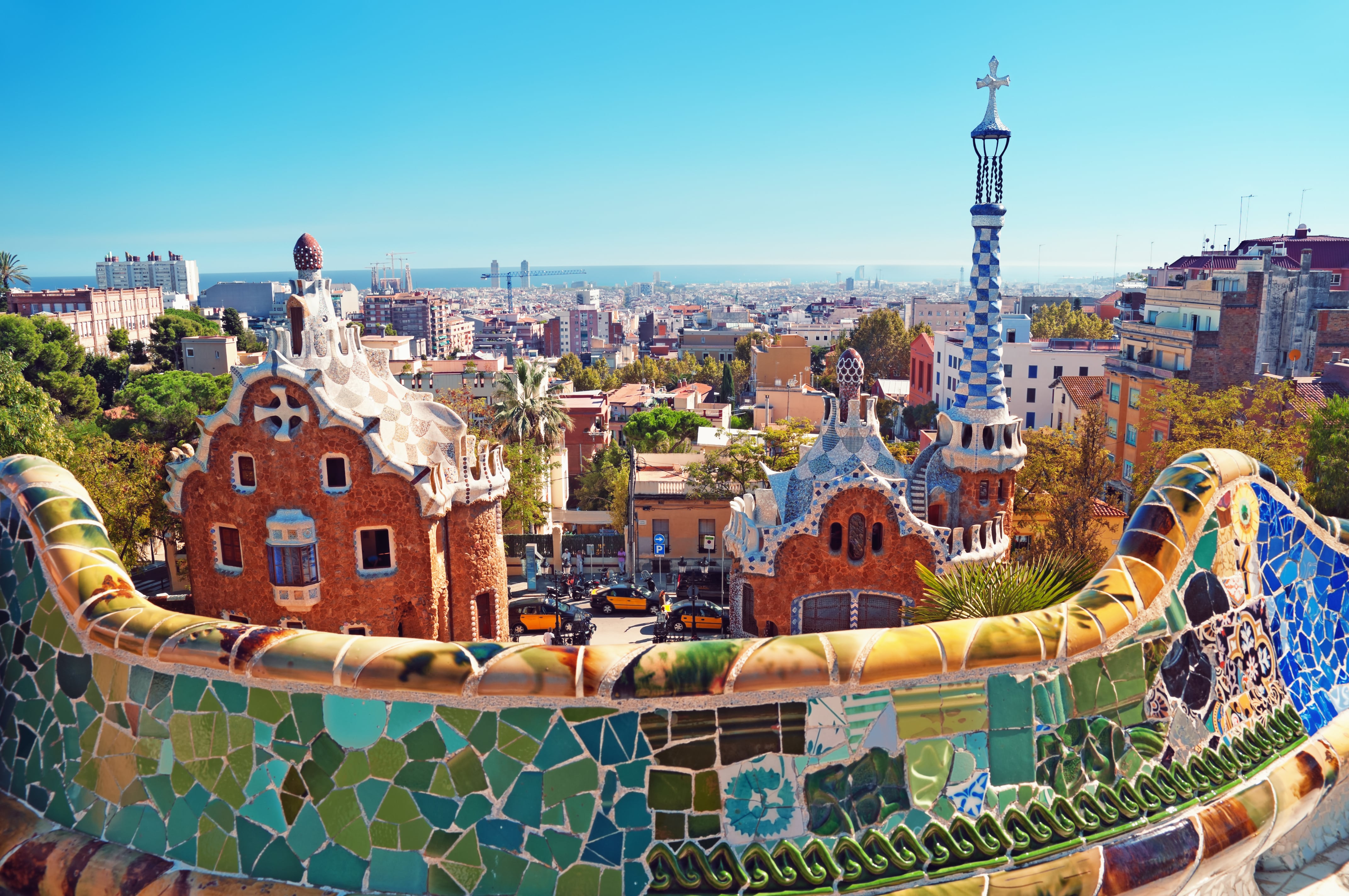 Front view on a sunny clear day of Park Guell in Barcelona, Spain.